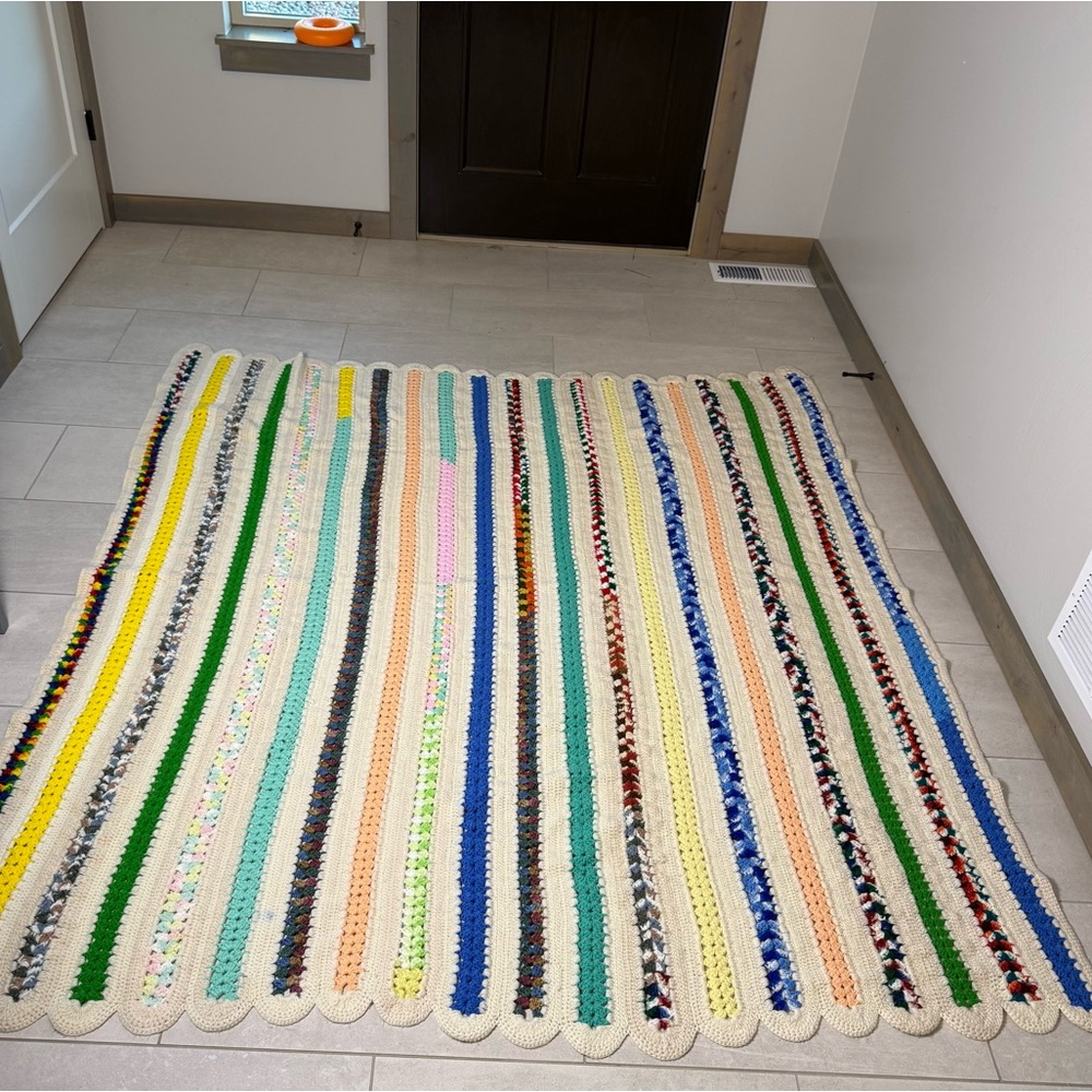 Large Multicolor Crochet Scalloped Edge Quilt Blanket Vintage Handmade 74x74